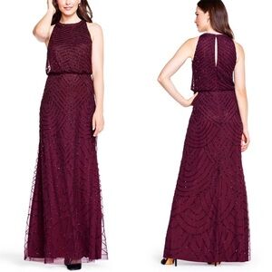 Adrianna Papell Art Deco Beaded Halter Blouson Formal Dress Evening Gown Size 0